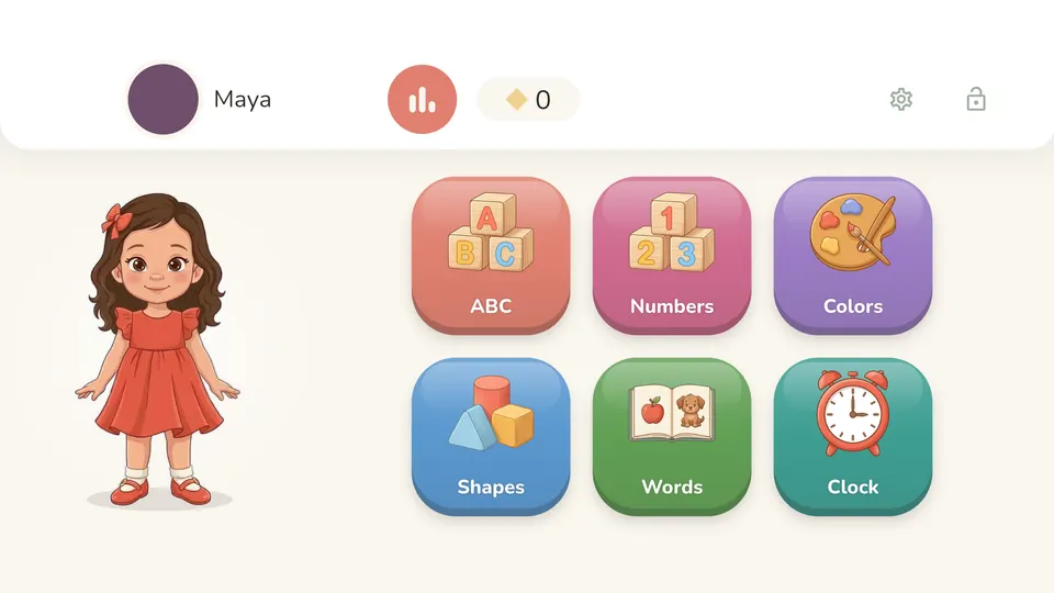 Yali's home screen: six subject tiles, ABC, Numbers, Colors, Shapes, Words and Clock, with Yali beside them