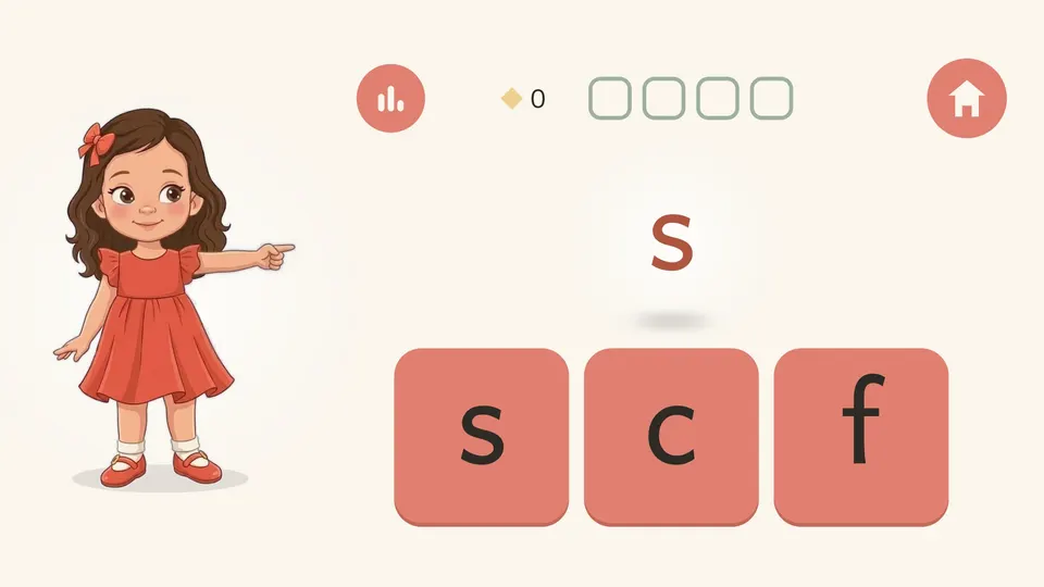 An ABC activity: Yali points at the letter s, and the child finds it among three letter cards