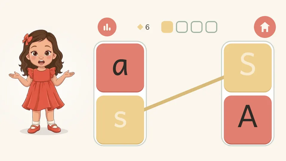 Matching letters: the child has connected a lowercase s to a capital S, with a and A still to pair