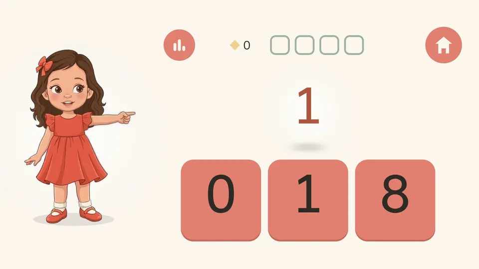 A numbers activity: Yali points at the digit 1, and the child finds it among 0, 1 and 8