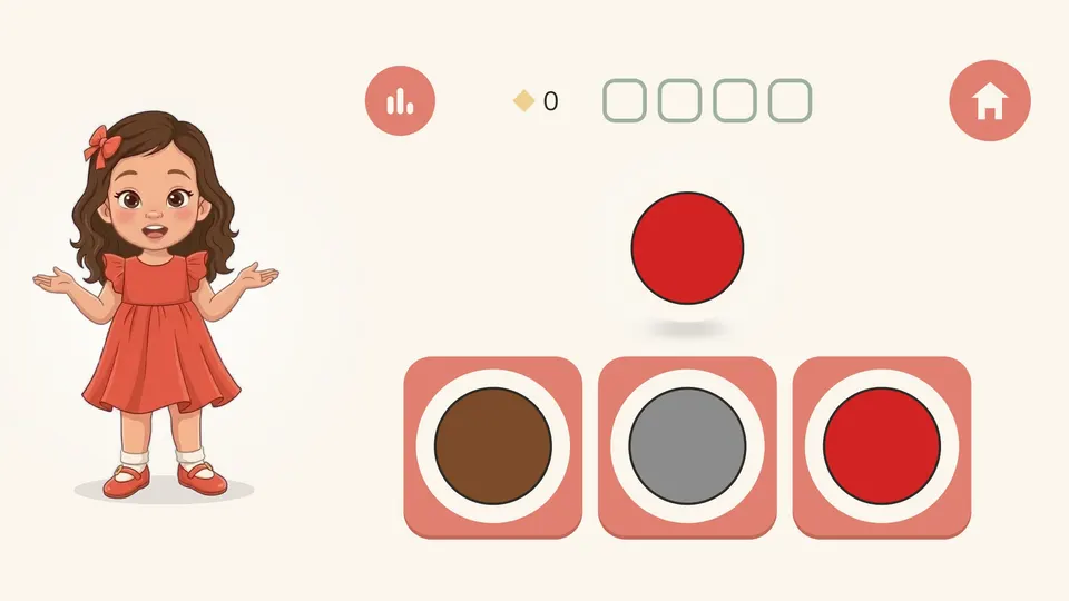 A colors activity: the child finds red among brown, gray and red