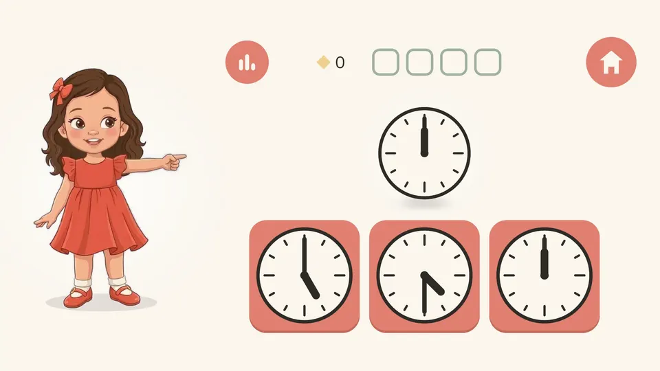 A clock activity: the child finds 12 o'clock among three clock faces