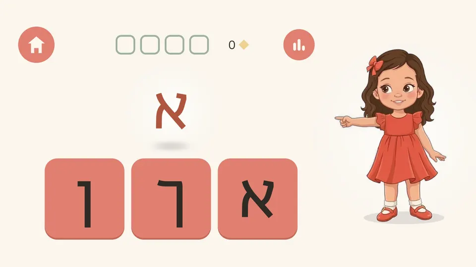 אלף בית: יהלי מצביעה על האות א, והילד מוצא אותה בין שלושה קלפים
