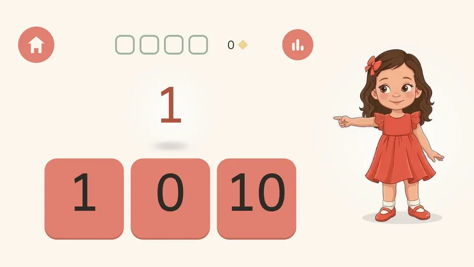 מספרים: הילד מוצא את הספרה 1 בין 1, 0 ו־10